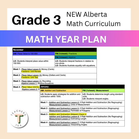 Alberta Grade 3 Math - Year Plan - Full Lesson Breakdown Sept-June