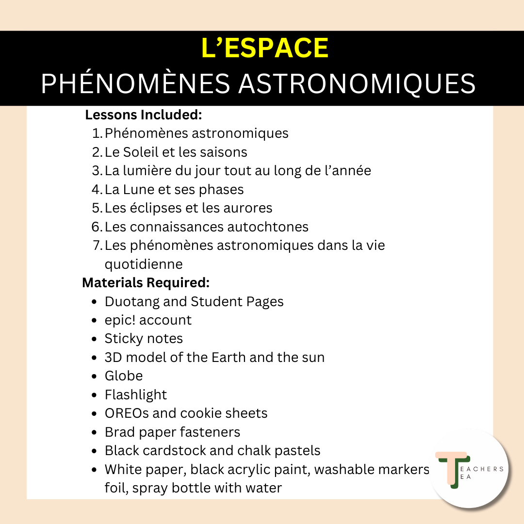 FRENCH Alberta Grade 5 New Science Curriculum - SPACE - Astronomical Phenomena