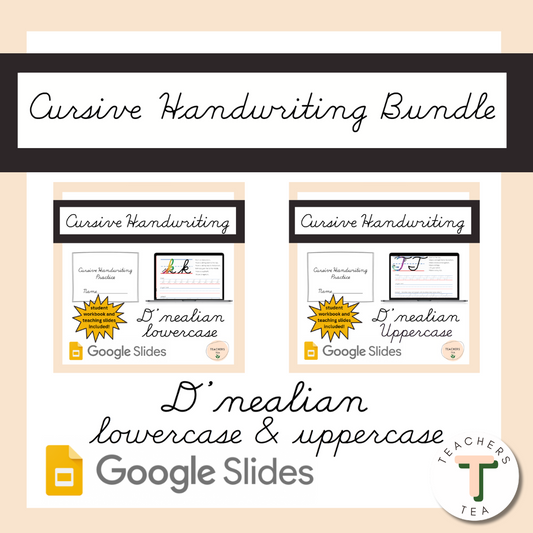 Cursive Handwriting Bundle - Lowercase and Uppercase Dnealian - Slides and Practice Pages