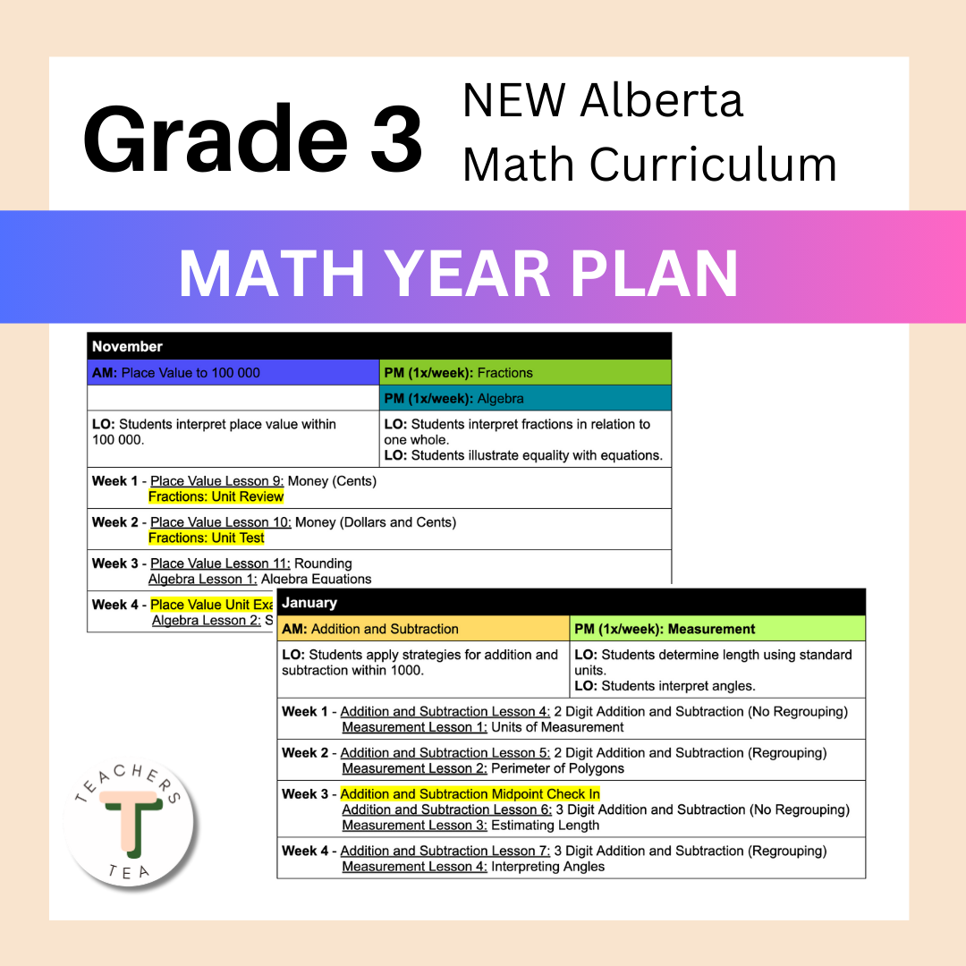 Alberta Grade 3 Math - Year Plan - Full Lesson Breakdown Sept-June